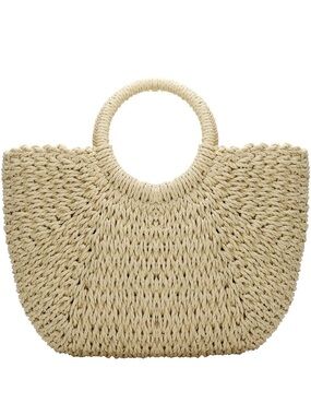 Handwoven Round-Handle Straw Tote in Natural Beige